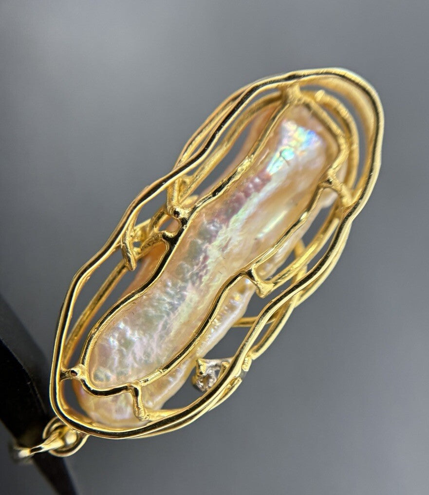 Gold Anhänger Handarbeit 14K/585 Perle 5cm mit Brillant 