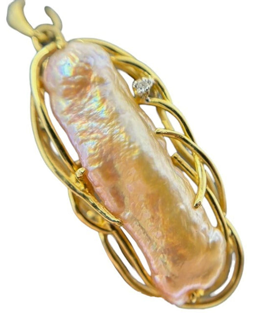 Gold Anhänger Handarbeit 14K/585 Perle 5cm mit Brillant 