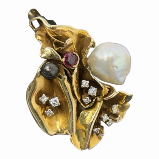 585 Gold Anhänger Handarbeit Designerschmuck ca. 4x3cm Diamanten Rubin Tuch 14K