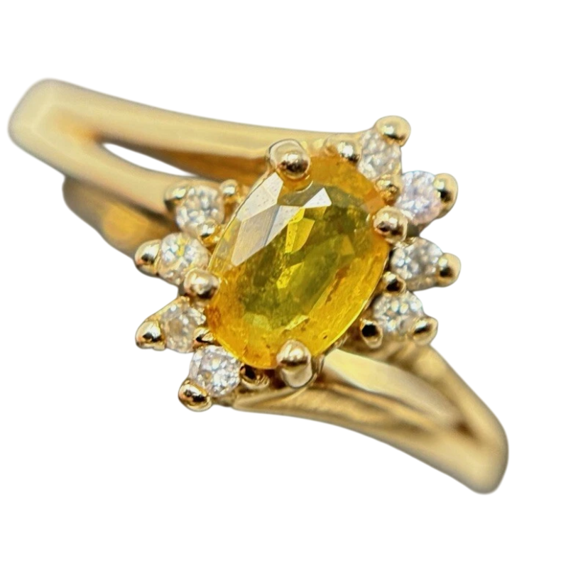 Gelbgold Ring gelber 0,7ct Saphir Brillanten Entourage 14K/585 