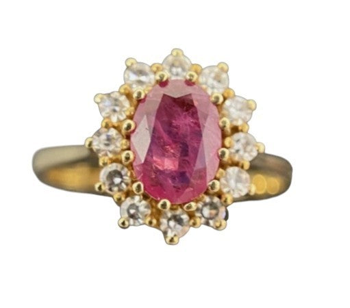 14 Karat Goldring mit Ovalem Rubin und Diamant-Halo Haloring | Gr. 57 14K/585