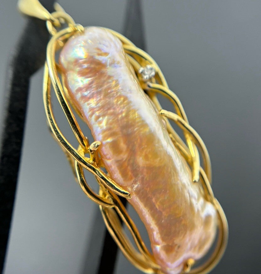 Gold Anhänger Handarbeit 14K/585 Perle 5cm mit Brillant 